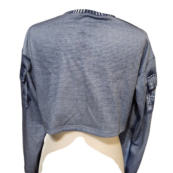 Micas Womens Medium Gingham Print Long Sleeve Faux Denim Crop Top With Pockets - Picture 5 of 7